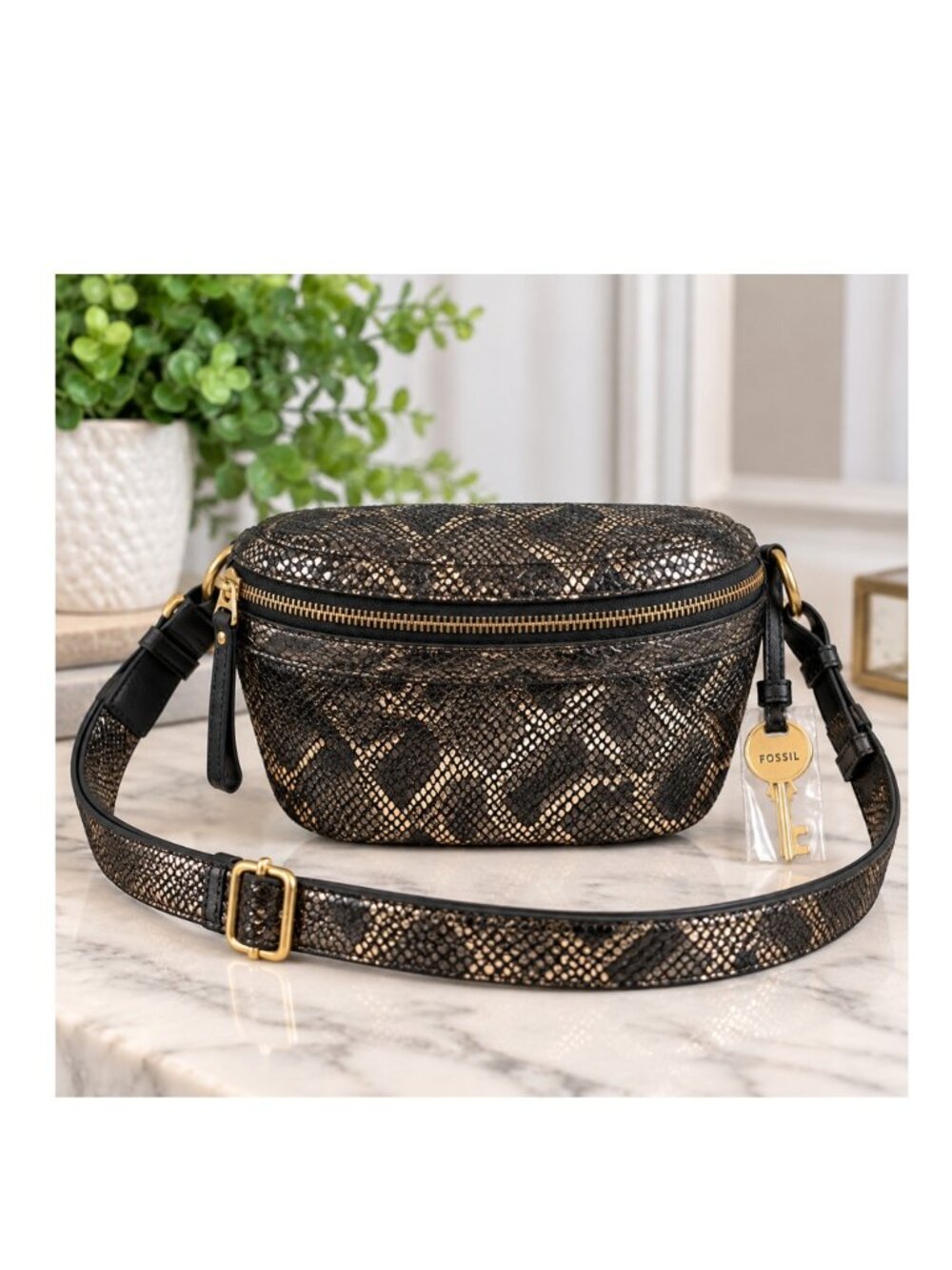 Fossil Stevie Metallic Snake Print Leather Belt Bag Crossbody Fanny Pack
